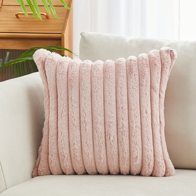 Faux Fur Lines Striped Faux Fur Reversible Throw Pillow, Light Pink, 18" x 18"