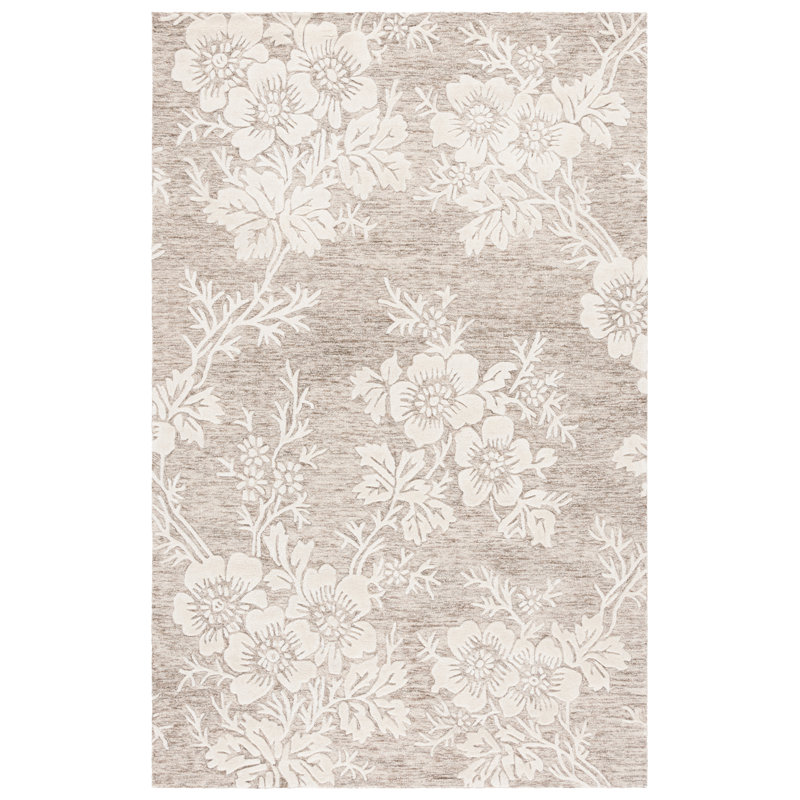 Tapis floral brun / ivoire en laine / coton / viscose touffeté à la main Glamour 151, Rectangle 5 pi x 8 pi