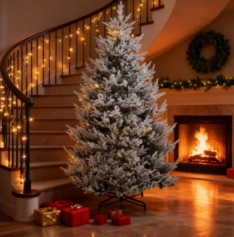 Arbre de Noël artificiel à charnière floqué avec pointes 1939, base en acier, arbre de Noël artificiel 9 pi, H 9 pi