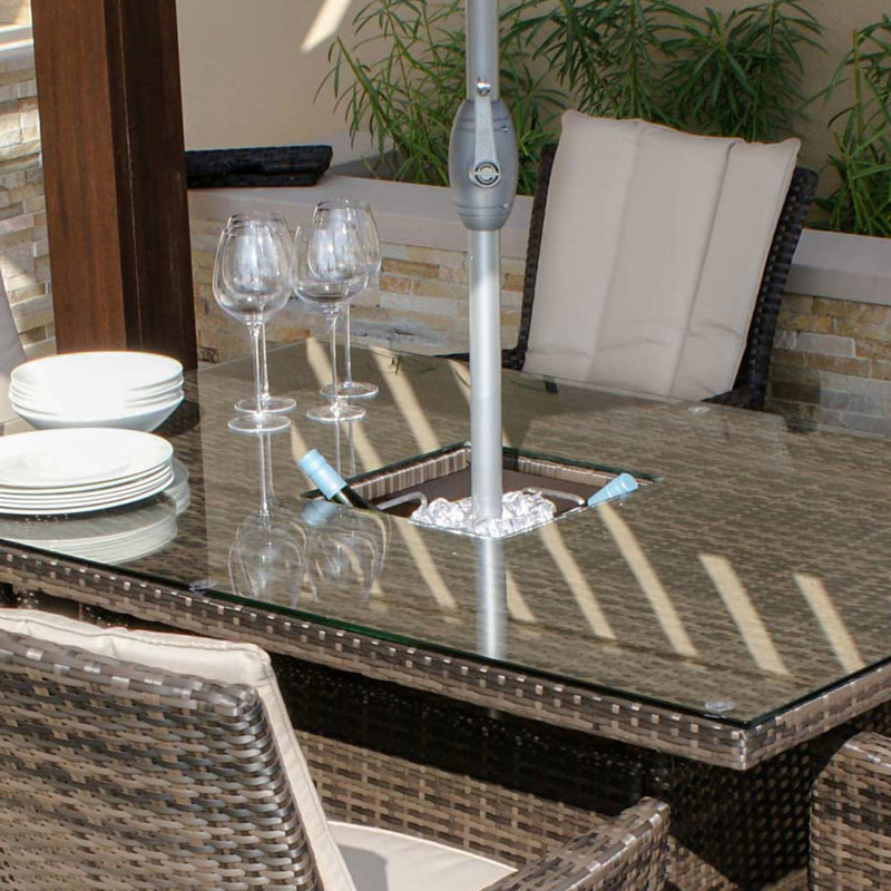 Reimer 6 Seat Rectangular Rattan Dining Set - with Ice Bucket, Black/Brown/Beige