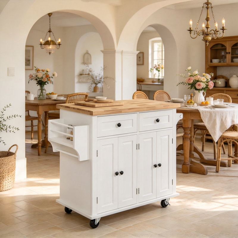 Un chariot d'îlot de cuisine roulant avec un plateau en bois d'hévéa, un support à épices, un porte-serviettes et un tiroir, blanc, pour les salles à manger