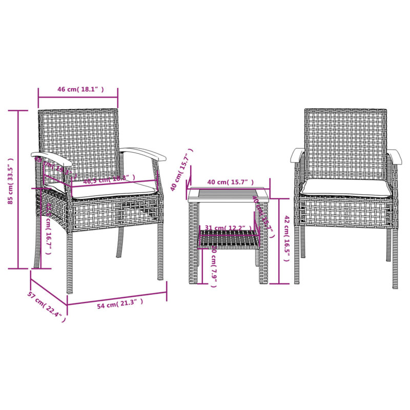 2 - Person Wicker Patio Dining Set with Square Table , Cushions Included, Beige, Black