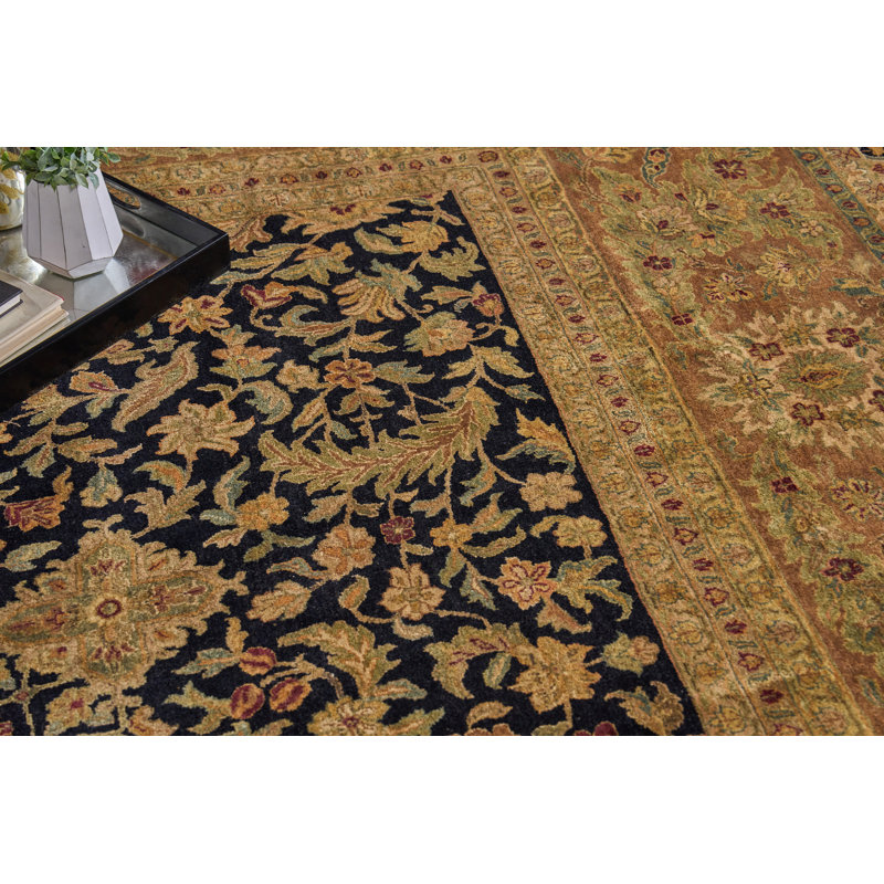 Hand-Knotted Black Floral Wool Rectangular Area Rug