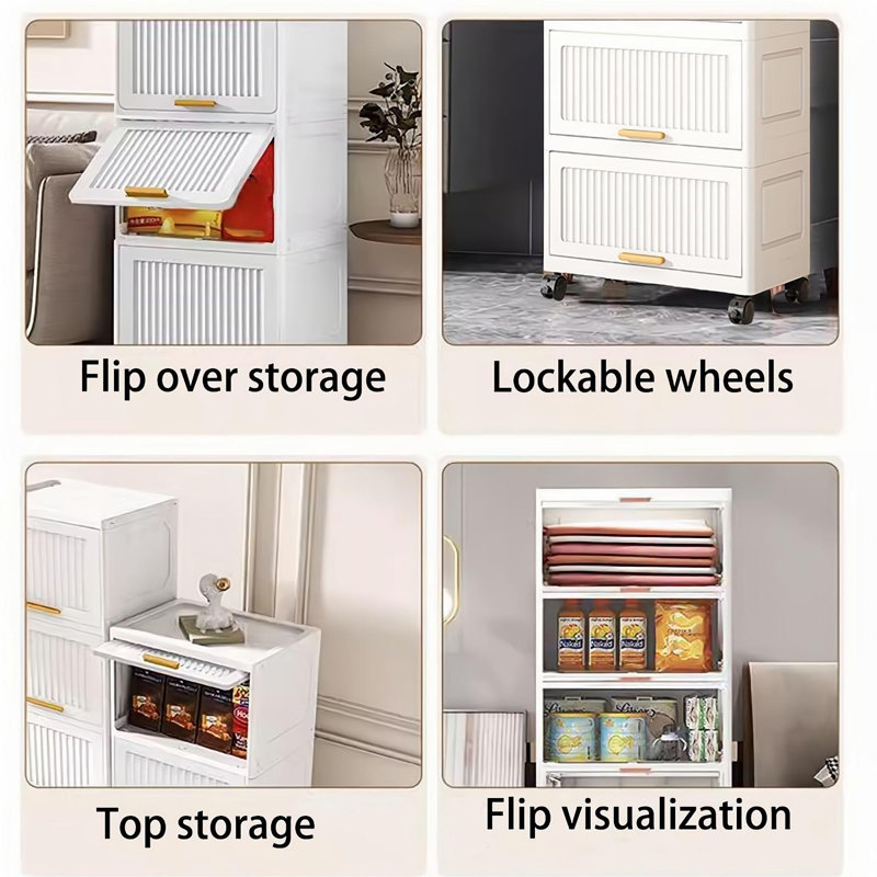 5-layers Flip Open Storage Box With Wheels, Movable Storage Cabinet, Kitchen Shelf, Movable Storage Island, Home Organization, Wardrobe Storage Box