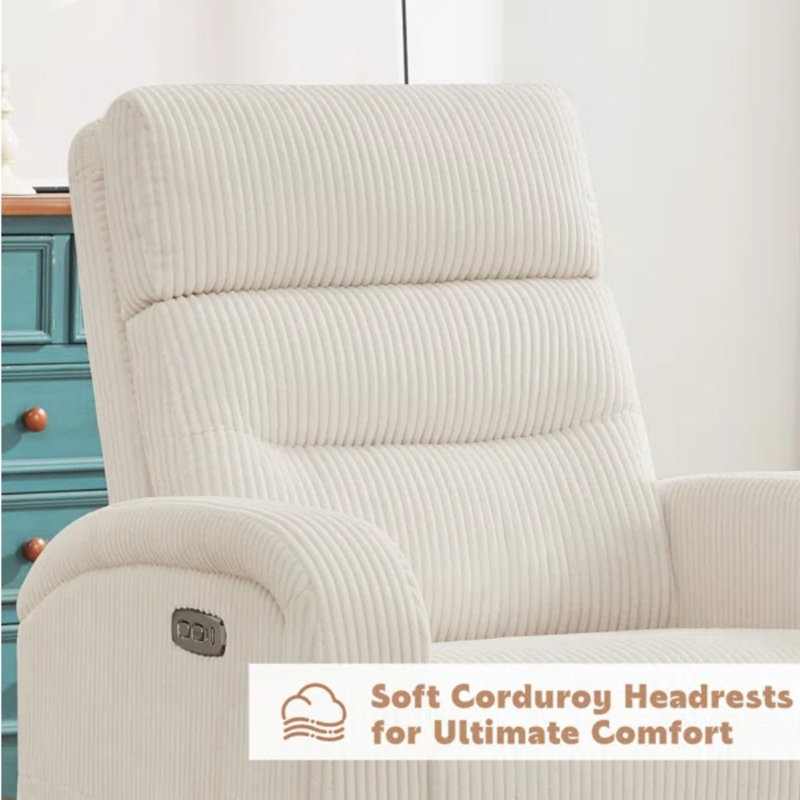 33"W Corduroy Power Swivel Rocker Glider Nursery Recliner with USB & Type-C Charge, Wider Armrest and Double Pockets