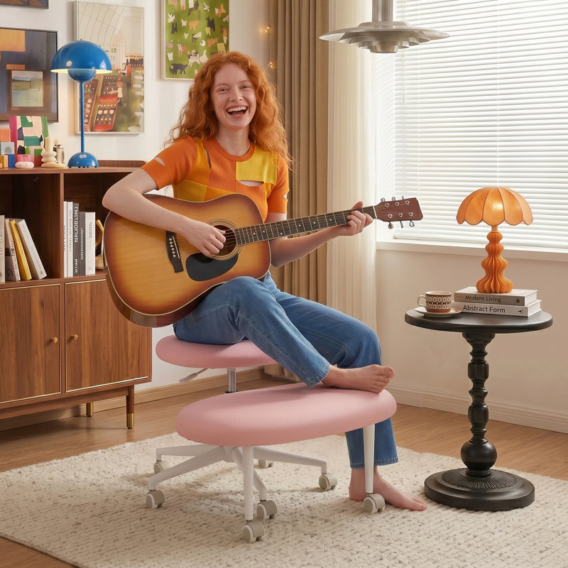 Upholstered Office Chair Ergonomic Cross-Legged Desk Chair with Lumbar Support and Wheels Meditation Chair, Pink