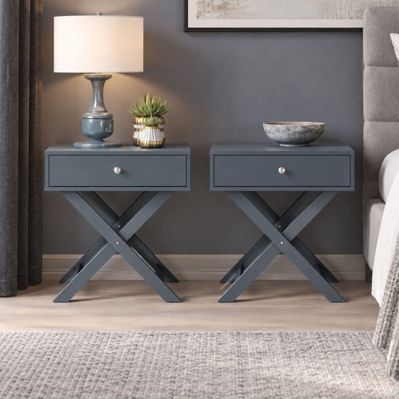 Pair of Leanora 1-Drawer Premium Bedside Tables, Set of Two Nightstands, End Tables, Blue