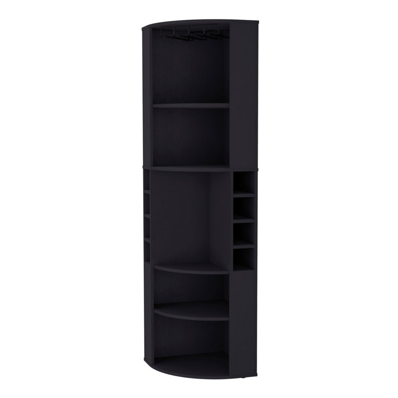 Black Corner Bar Cabinet With 5 Large Shelves - Stores Glassware & Liquors, Construction, Enhances Living Room Storage Holds Wine, Liquor Glassware, Wood,