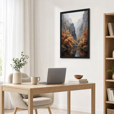 Arbres d'automne se reflétant dans une rivière de canyon brumeux - Tableau sur toile