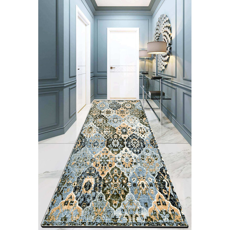 Tapis marocain en polyester tissé à la machine en gris / beige / bleu, Rectangle 140 x 190 cm