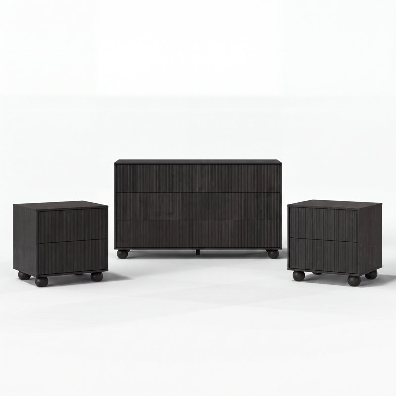Ensemble de chambre à coucher avec 3 pièces Ashford (ensemble de 2 commodes cannelées à 6 tiroirs et 2 tiroirs), Black