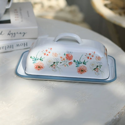 Contenant à beurre en forme de beurre, contenant à beurre en émail de ferme rétro avec motifs floraux pour le comptoir de cuisine
