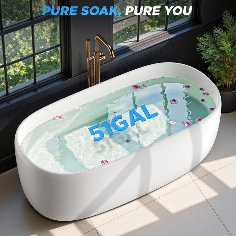 StonePure 51"×25.5" Compact Freestanding Solid Surface Stone Bathtub, 13" Deep Soaking Tub With Overflow, Pop-up Drain