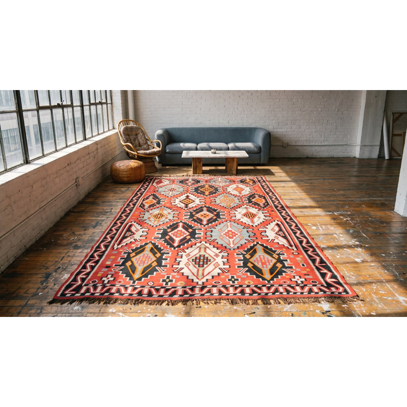 Flatweave Wool Geometric Area Rug in Pink