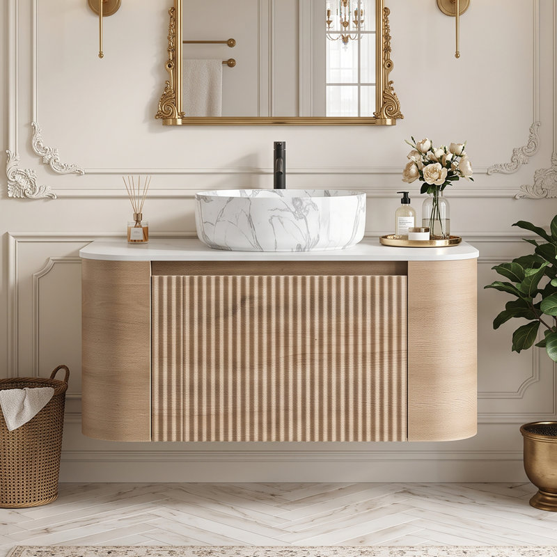 Wall Mounted Single Vanity Bathroom Vanity With Engineered Marble Top, Chêne