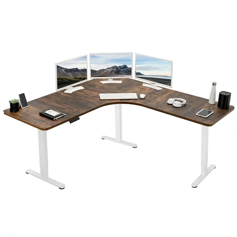 VIVO Electric 71" x 71" Curved Corner Stand Up Desk (E3CB2 Series), Vintage Brown/White