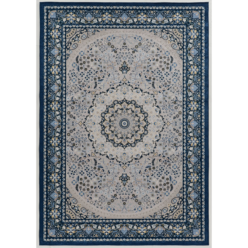 Emanuel Traditional Machine Woven Flatweave Cream and Blue Area Rug with Non Skid Backing, Rectangle 5' X 7'