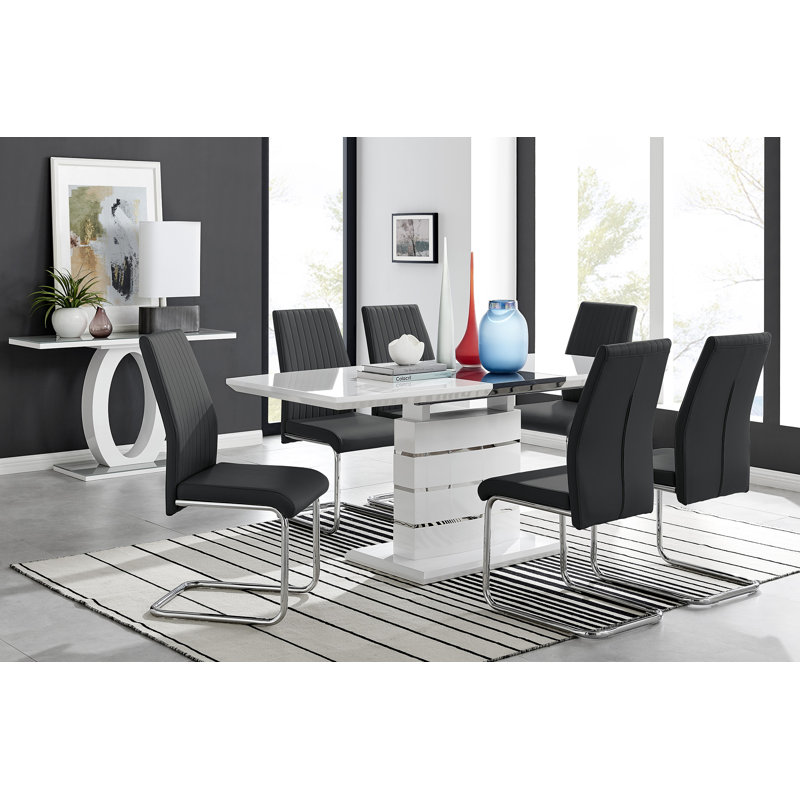 Everson Large High Gloss Extendable Dining Set with 6 Luxury Faux Leather Upholstered Dining Chairs, Black