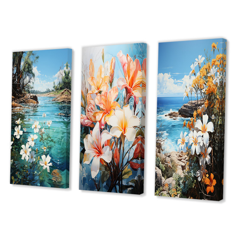 «Plumeria Lake Paradise», 3 pièces sur toile, Toile tendue, H 32 po x l 48 po