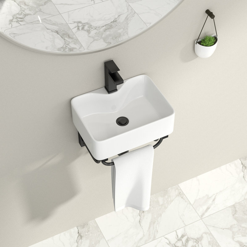 16" L x 12" W Wall Mounted Bathroom Sink with Towel Rack Small Bathroom Rectangle Wall Hung Sink
