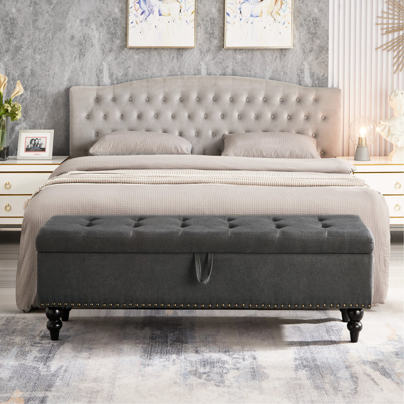 Bed Bench With Grey Storage Fabric 59" - Button Tufting For Living Room & Hallway Bedroom Comfortable Seating, Gray