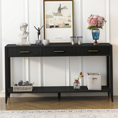 Console d'entrée de haute qualité avec tiroirs à rayures verticales et pieds longs, pour ajouter style et fonctionnalité à votre espace