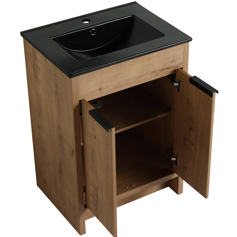 Bathroom Vanity Freestanding 24". Black Ceramic Basin, Soft-Close Doors, Metal Handle, Adjustable Shelf. Construction 24" Sink Vanity. 2 Strong Plywood Cabinet