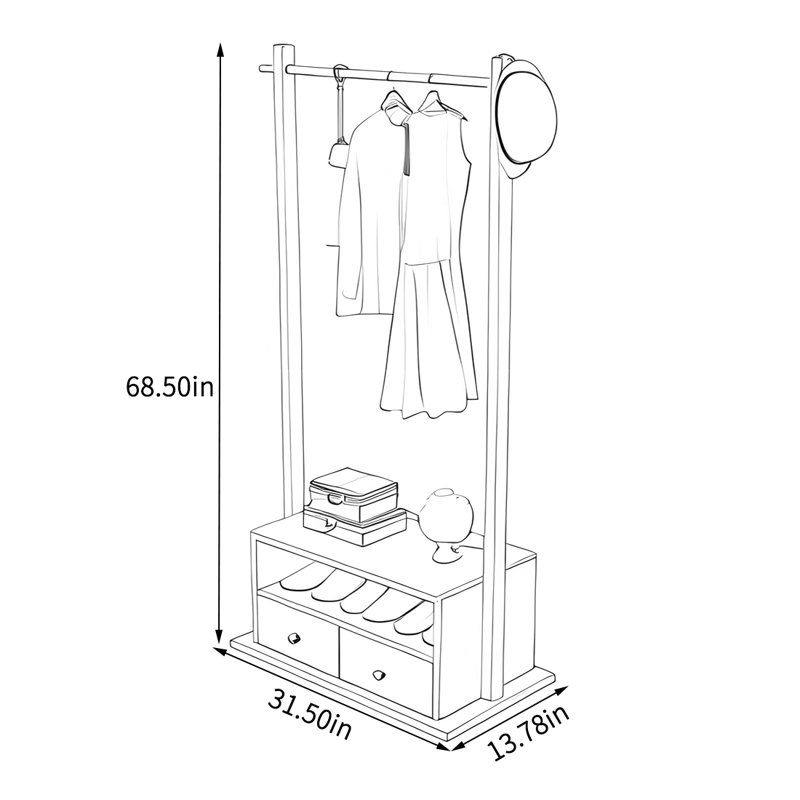 Solid Wood Coat Rack with Storage Drawers, Dark Walnut