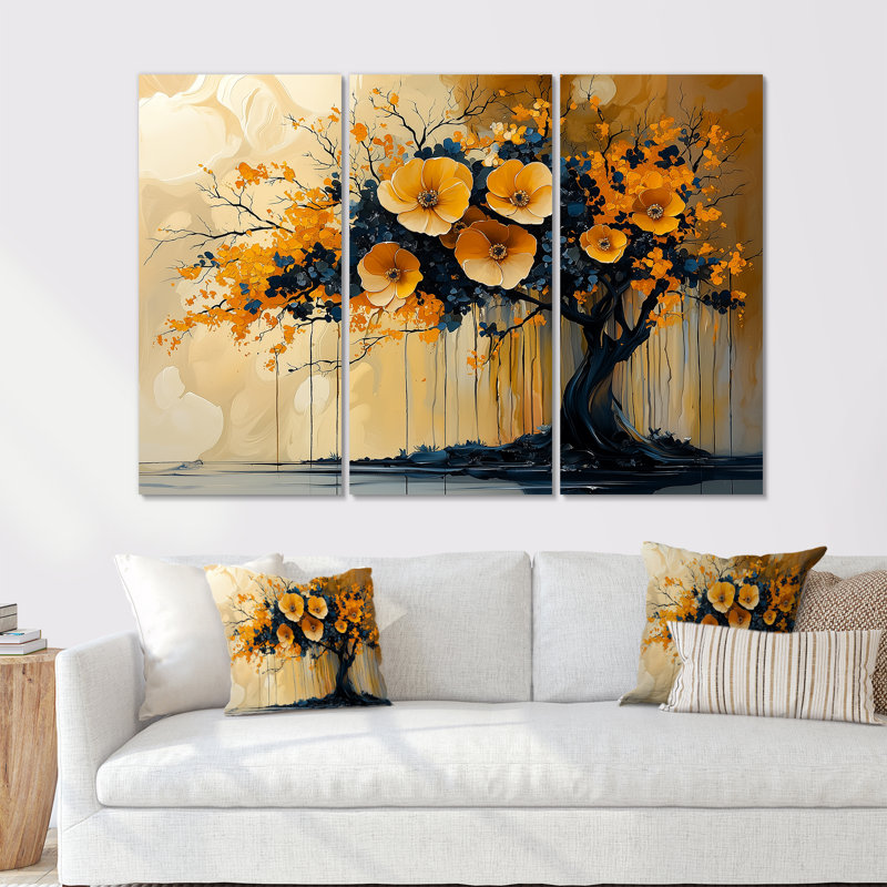 Or et bleu cerisier Silhouette III - ensemble d'art mural cerisier en fleurs, Métal métal, H 40 po x l 60 po x P 1 po