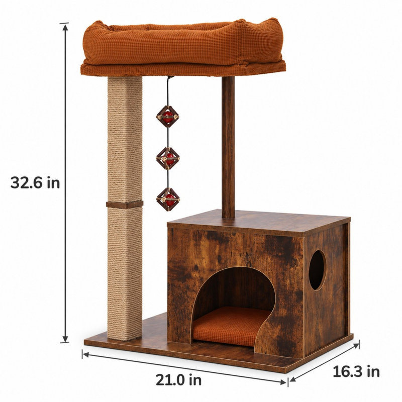 Arbre à chat rétro moderne en bois avec niche, poteaux à griffer en jute et coussins