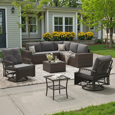 7 Person Patio Wicker Furniture Set With Swivel Rocking Chair