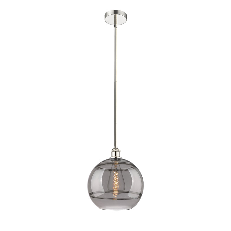 Mini-luminaire suspendu avec tige 6 po Edison Bienes-616-G556, H 12,88 po x l 12 po x P 12 po, Gris fumée clair, Nickel poli