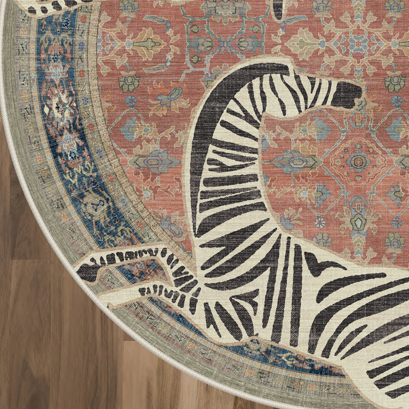 Allandale Zebra Print Machine Washable Non-Slip Area Rug, Round 5', Red