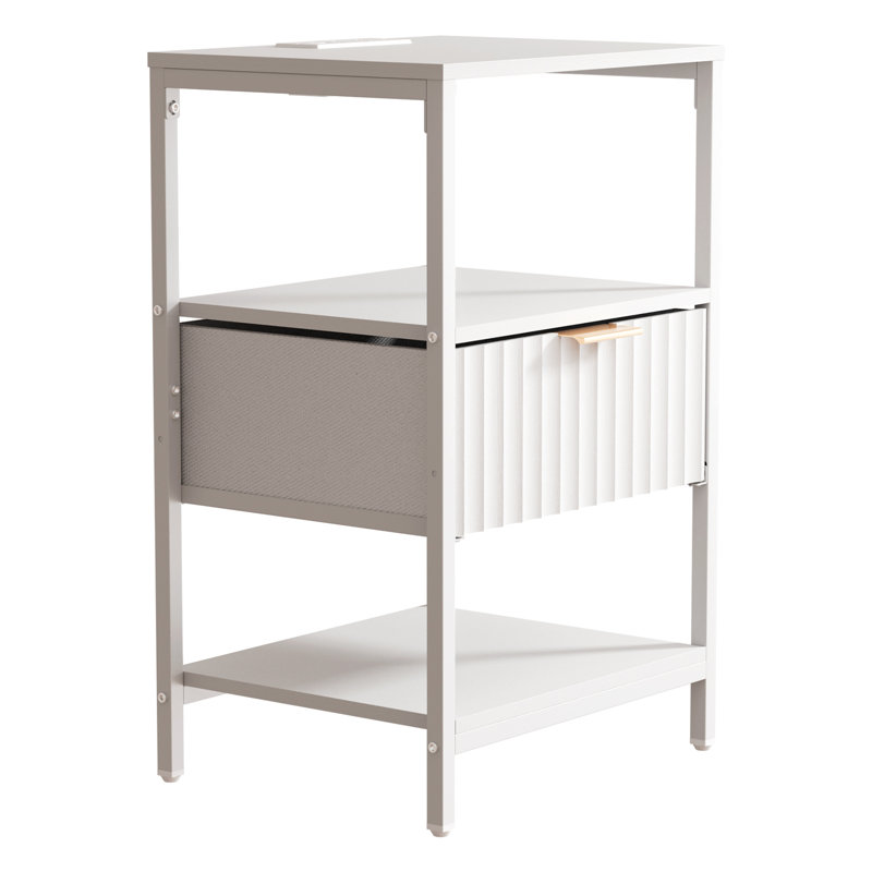 15 Inches Wide Nightstand - 1 Drawer, 2 Shelves, US Power Outlet, White