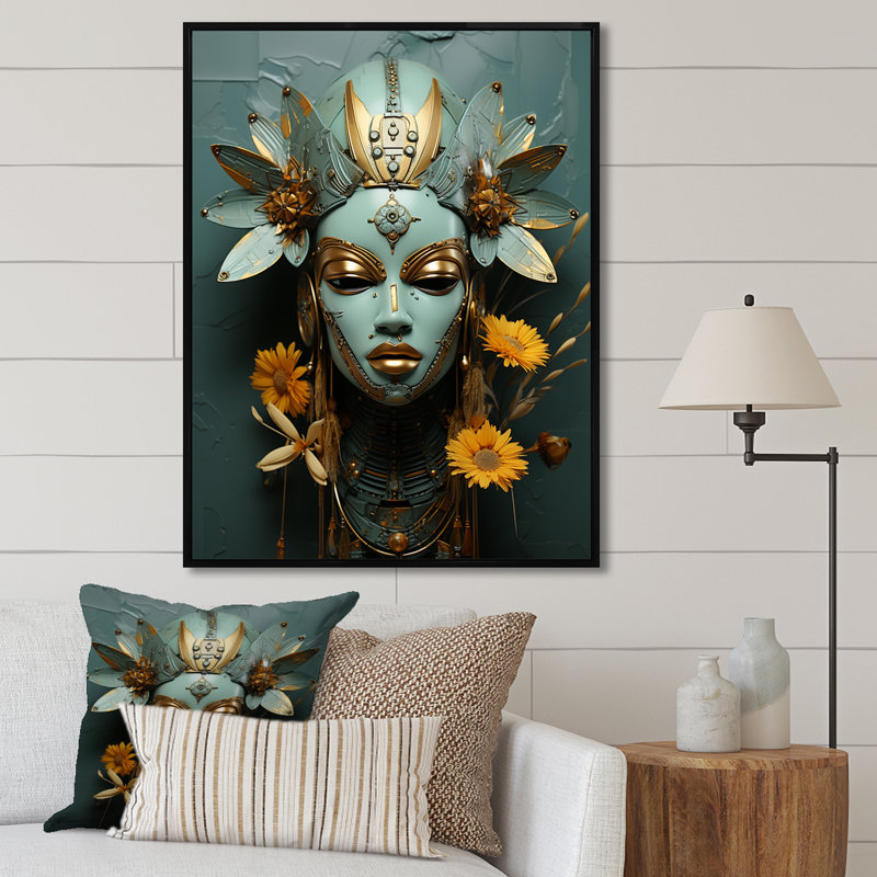 Portrait de femme africaine verte et jaune - Masque africain, Cadre flottant noir, 44" H x 34" W