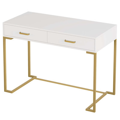 Bureau d'ordinateur 40 po blanc et doré avec 2 tiroirs, bureau à domicile moderne, table d'écriture compacte, meuble-lavabo pour chambre à coucher