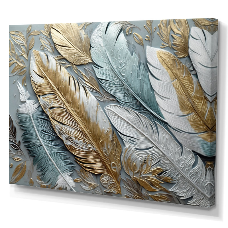 «Gold Gilded Feathers V - Glam Feather», reproduction sur toile encadrée, Toile tendue, H 12 po x l 20 po x P 1 po