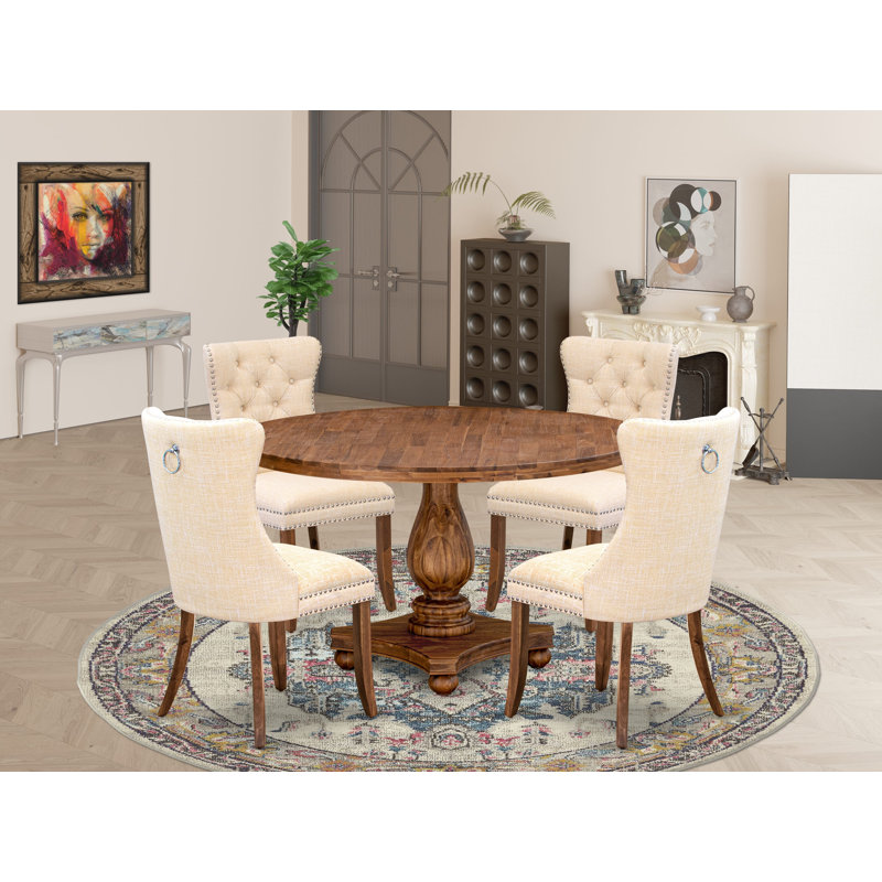 Ensemble de table de cuisine 5 pièces en polyester avec 4 chaises de salle à manger beige clair, un dossier capitonné et une table ronde de 54 po au fini noyer antique.