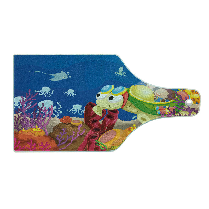 Ambesonne Cartoon Tempered Glass Cutting Board Turtle Multicolor
