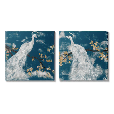 " Mystical Peacock Floral Tree Blossoms Indigo Sky " by Jennifer Goldberger 2 - Pieces