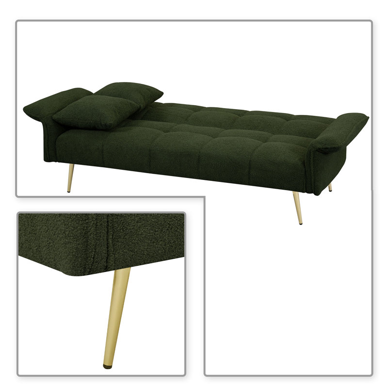 Modren Teddy Fabric Upholstered Convertible Futon Sofa Bed with Folding Armrests, Dark Green Teddy