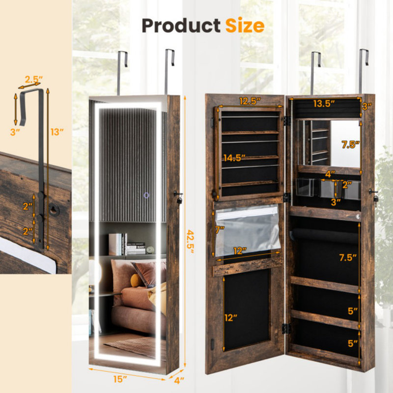 Armoire murale à miroir 42,5 pouces verrouillable avec 3 lumières DEL, Brun rustique