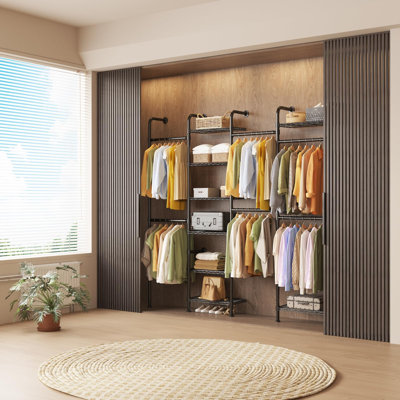 4-Tier Wall Mounted Clothing Rack, Expandable 23.6-35.4 in, 8 Wire Shelves, Matte Black