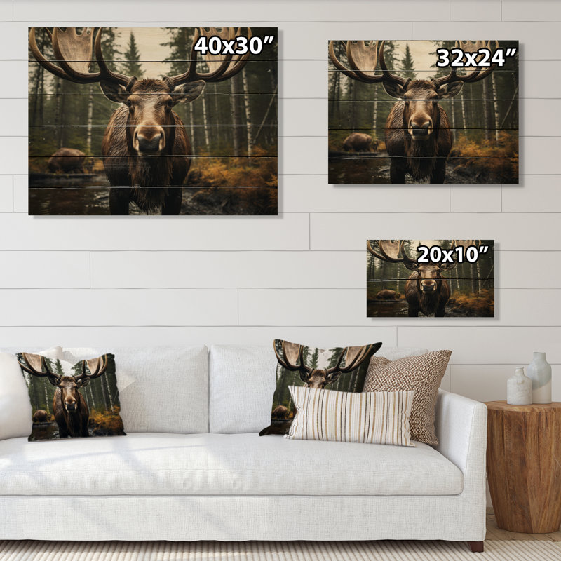 Orignal brun jaune majestueux sur bois, H 30 po x l 40 po x P 0,78 po