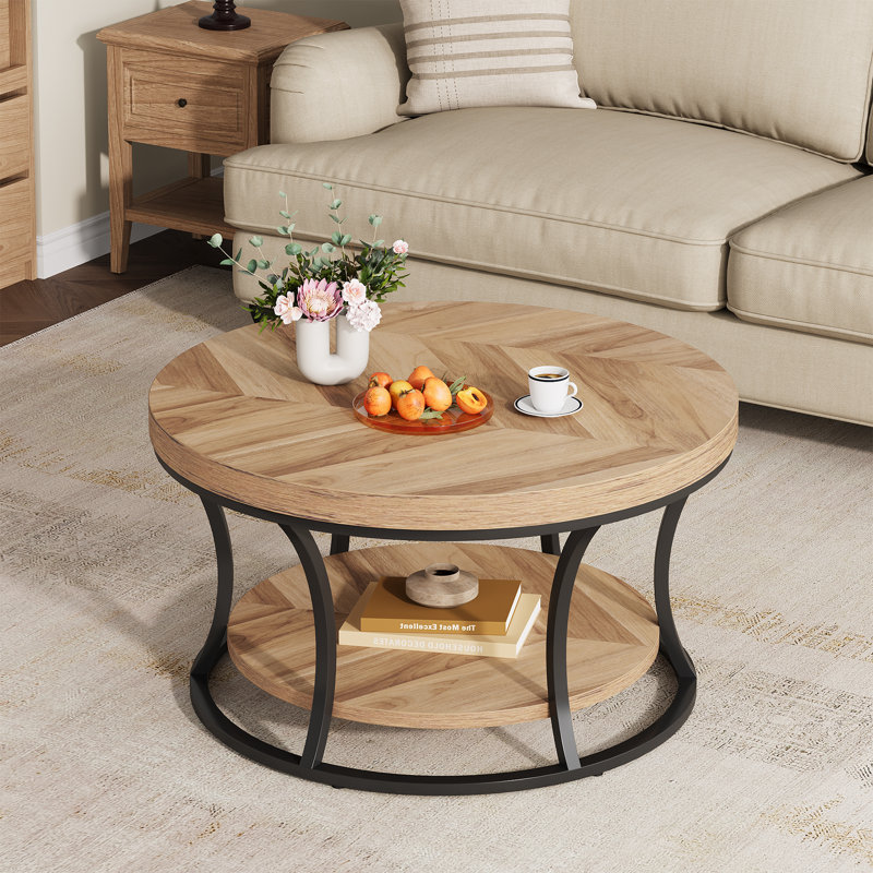 31.49’’ Round Coffee Table With 2-Tier Storage Shelves, Medium Yellow Wood