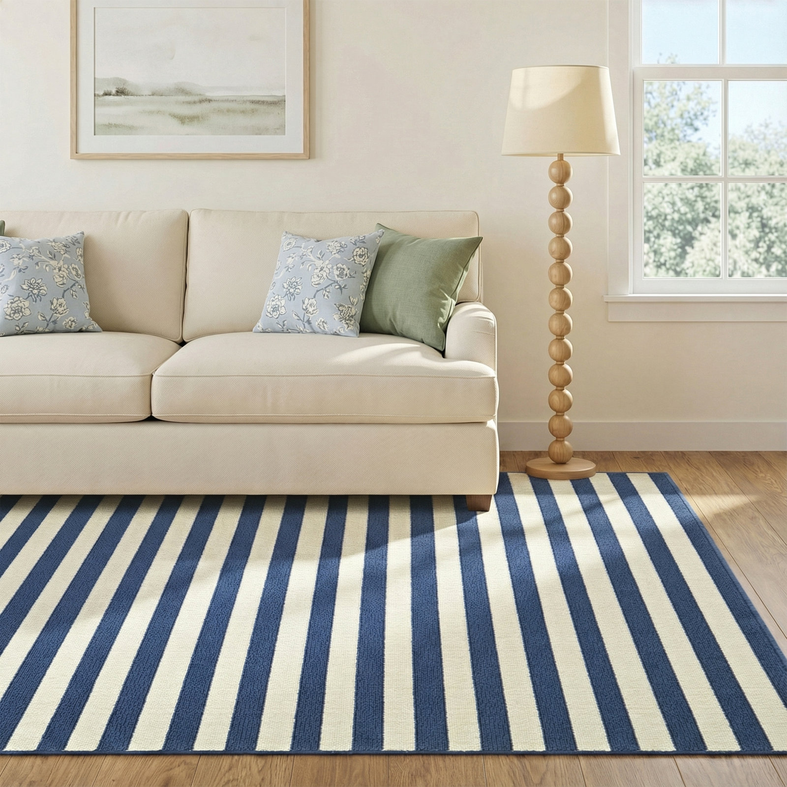 Adrienne Navy Cream Striped Indoor Outdoor Rug, Rectangle 6'7" x 9'6"