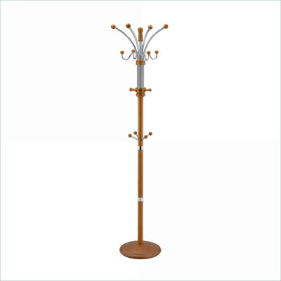  73 Inch Tall Chrome Silver Composite Wood Coat Rack, Warm Chestnut Oak Finish