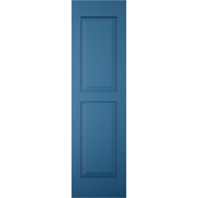 12"W x 81"H Americraft Two Equal Raised Panel Exterior Real Wood Shutters (Per Pair), w/ Aluminum Shutter Caps, Sojourn Blue