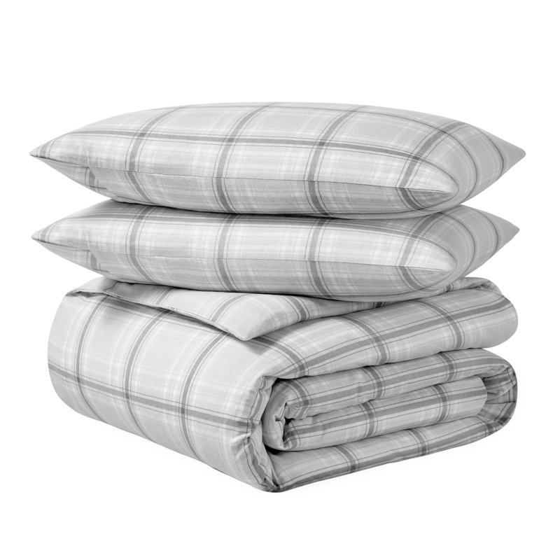 Flannel Duvet Cover and Sham Set, King Duvet Cover + 2 King Shams, Stirling Gray/White