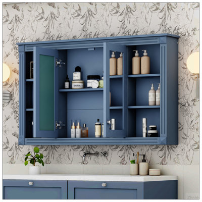 Armoire à miroir de salle de bain 47 po avec rangement, tablette réglable et tablettes ouvertes, armoire à pharmacie murale pour salle de bain, chambre à coucher, meuble-lavabo